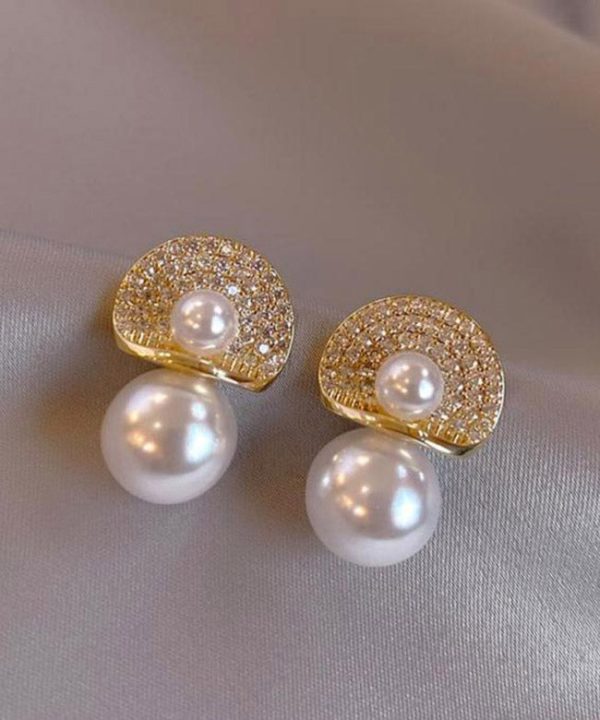 Chic 18K Gold Pearl Zircon Pearl Stud Earrings - Image 5