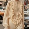 Chic Apricot Patchwork Wrinkled Chiffon Formal Shirt Spring