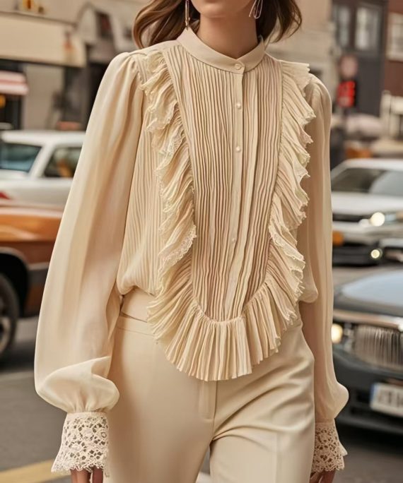 Chic Apricot Patchwork Wrinkled Chiffon Formal Shirt Spring