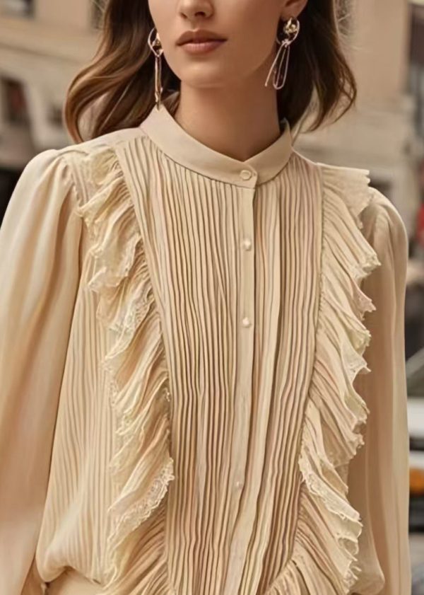 Chic Apricot Patchwork Wrinkled Chiffon Formal Shirt Spring - Image 2