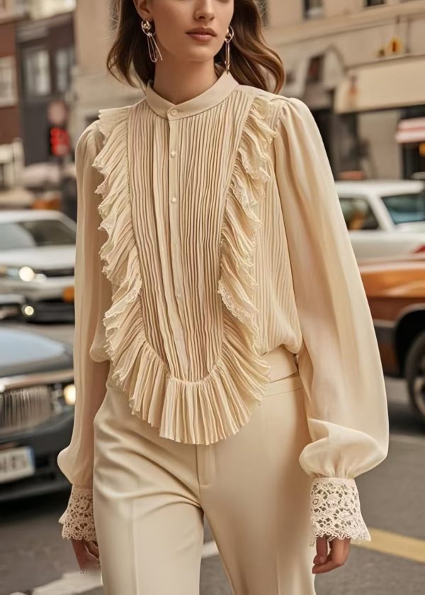 Chic Apricot Patchwork Wrinkled Chiffon Formal Shirt Spring - Image 3