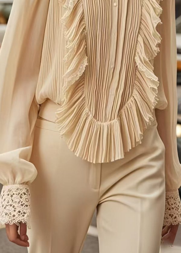 Chic Apricot Patchwork Wrinkled Chiffon Formal Shirt Spring - Image 4