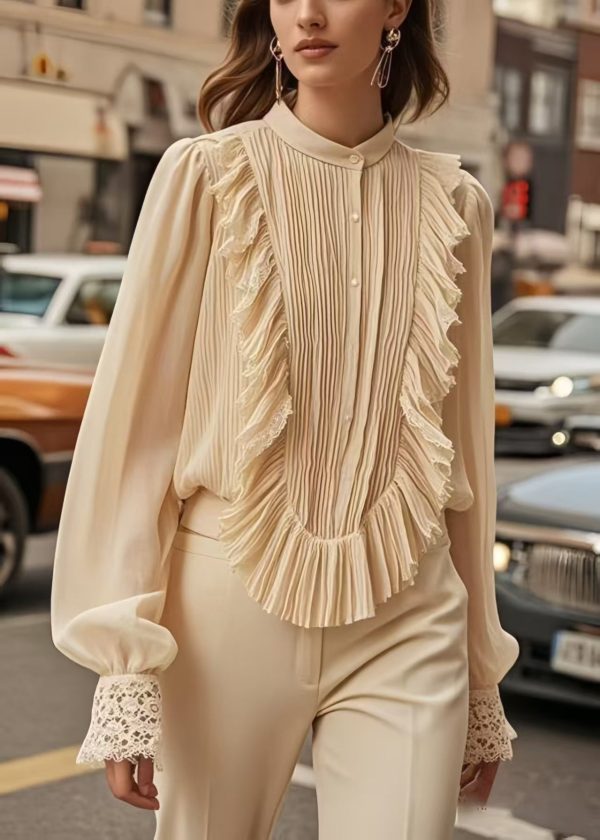 Chic Apricot Patchwork Wrinkled Chiffon Formal Shirt Spring - Image 5