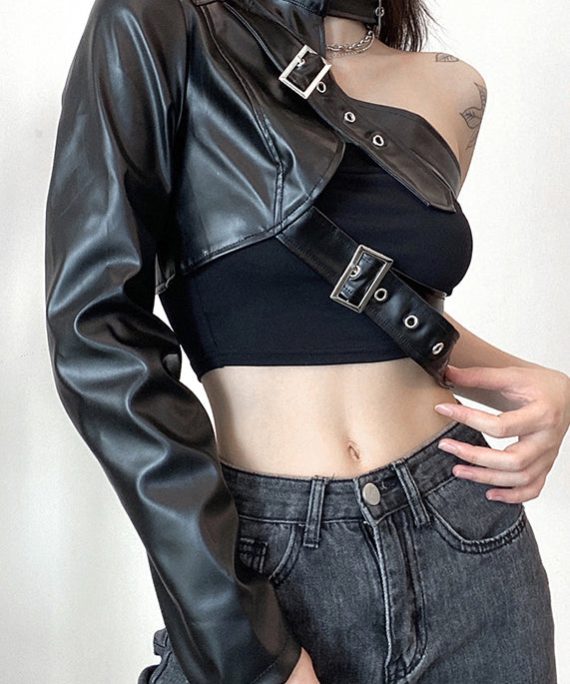 Chic Black Asymmetrical Original Design Faux Leather Coats Spring
