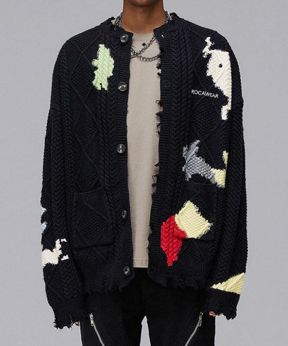 Chic Black Hole Button Pockets Knit Coats Men Spring