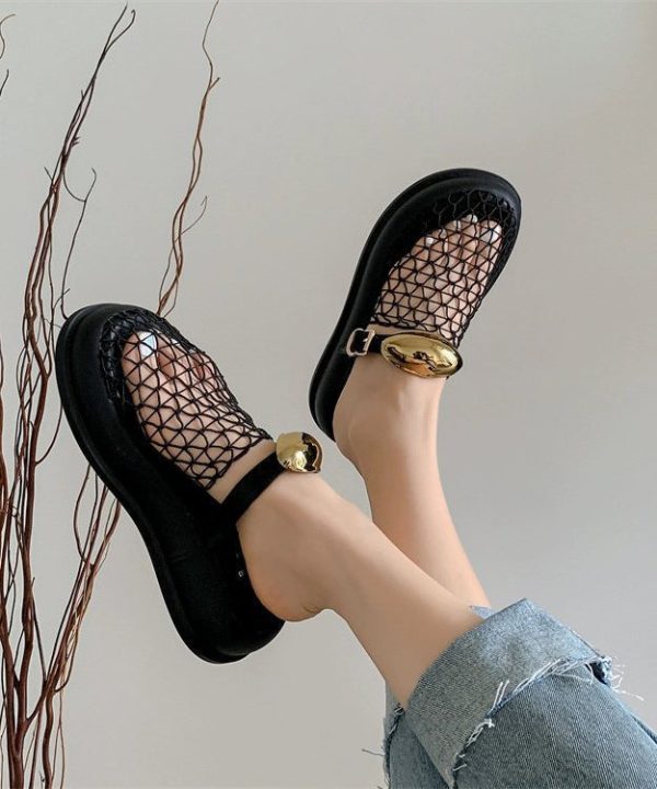 Chic Black Hollow Out Breathable Mesh Platform Slide Sandals - Image 2