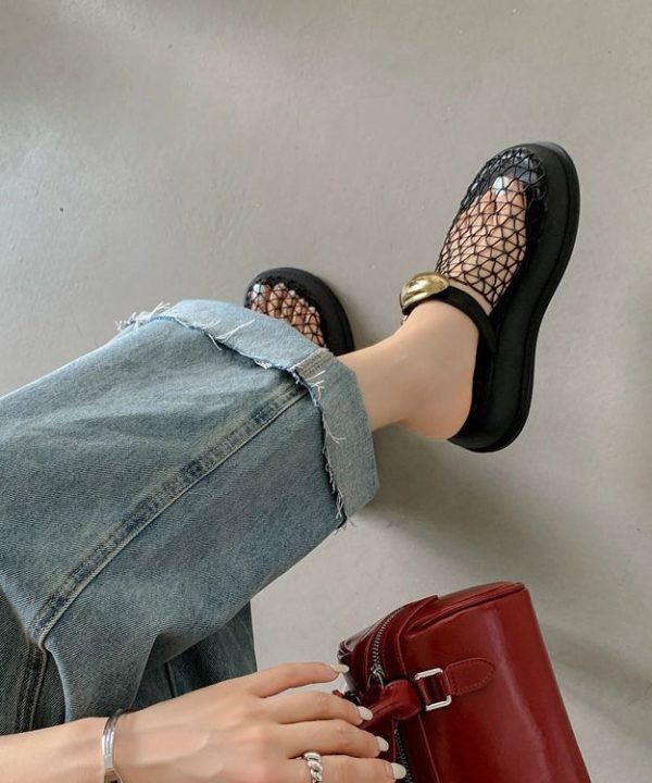 Chic Black Hollow Out Breathable Mesh Platform Slide Sandals - Image 3