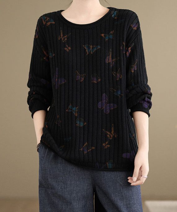 Chic Black O Neck Print Cotton Knit Sweaters Spring