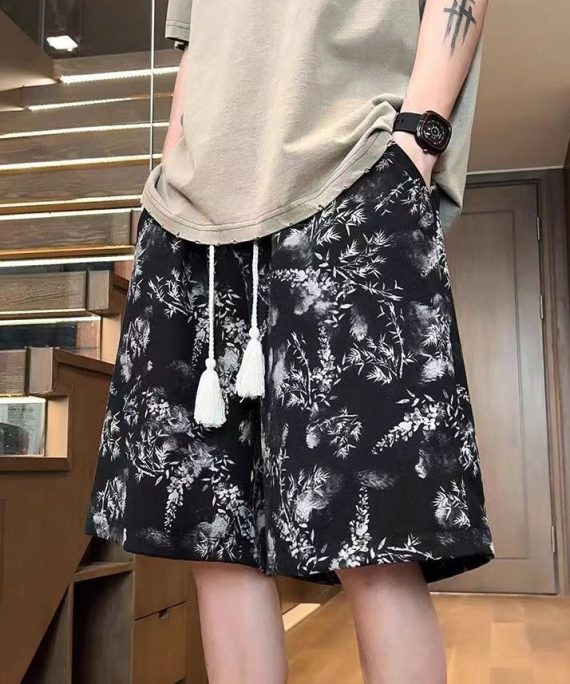 Chic Black Print Elastic Waist Cotton Summer Mens Shorts