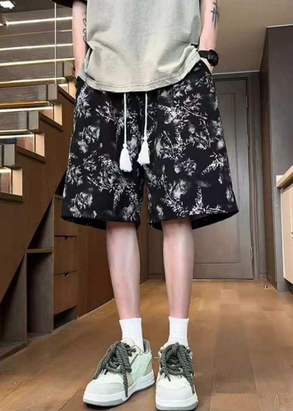 Chic Black Print Elastic Waist Cotton Summer Mens Shorts - Image 3