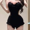 Chic Black Ruffled Tulle Patchwork Hollow Out Bodysuit