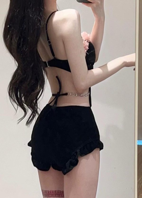 Chic Black Ruffled Tulle Patchwork Hollow Out Bodysuit - Image 2