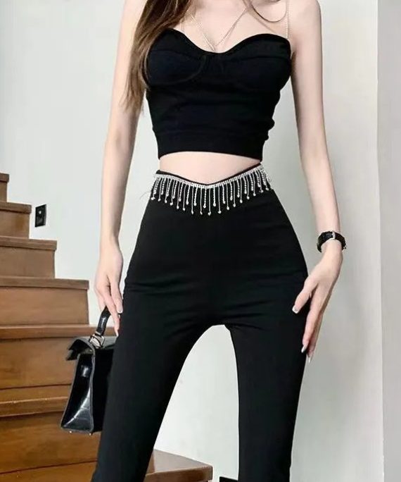 Chic Black Tassel High Waist Flare Yoga Pants
