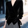 Chic Black V Neck Tie Waist Silk Velvet Shirt Spring