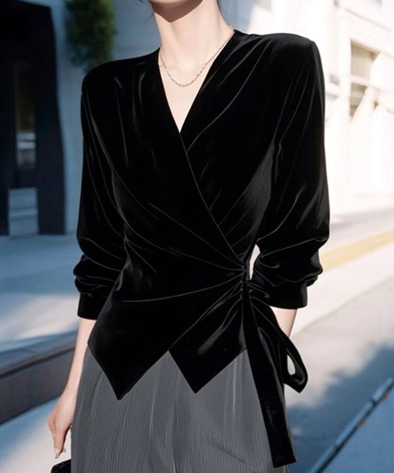 Chic Black V Neck Tie Waist Silk Velvet Shirt Spring