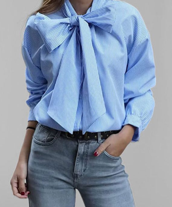Chic Blue Bow Lace Up Striped Cotton Blouses Summer