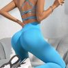 Chic Blue Cross Strap Backless Sports Bra And Leggings Set Suit