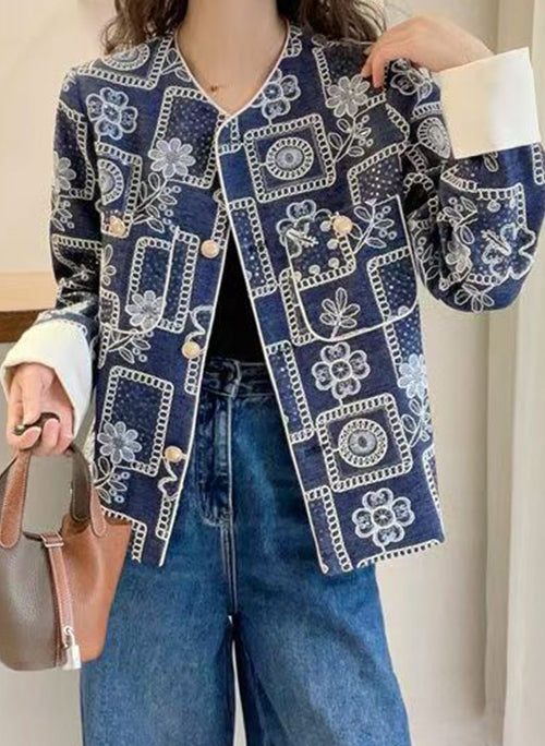 Chic Blue Embroidered Sequins Denim Coats Spring