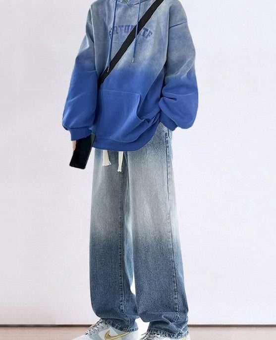 Chic Blue Gradient Color Hooded Sweatshirts And Denim Pants Mens Two Pieces Set Fall