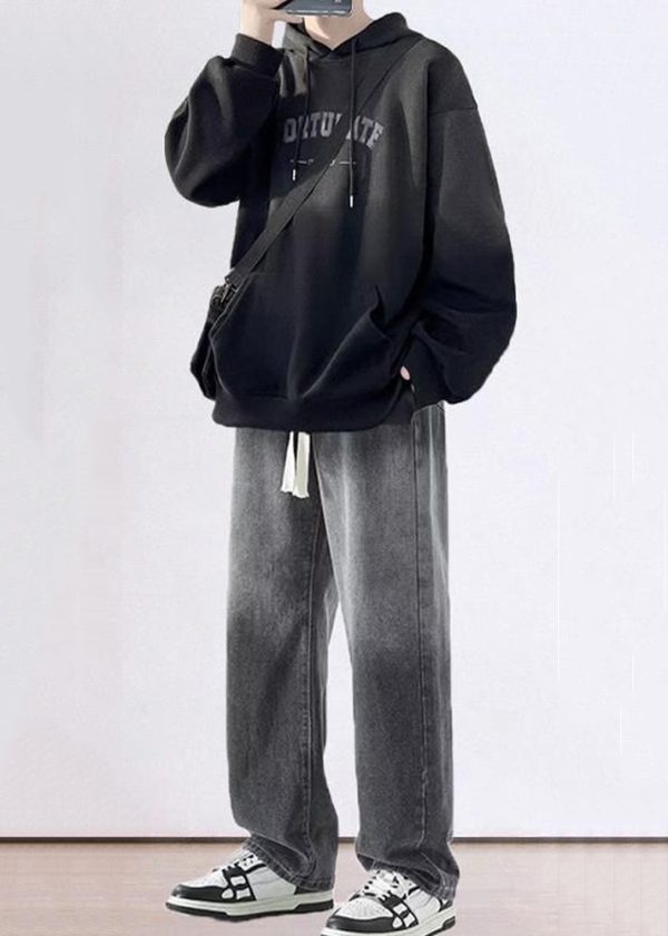 Chic Blue Gradient Color Hooded Sweatshirts And Denim Pants Mens Two Pieces Set Fall - Image 2