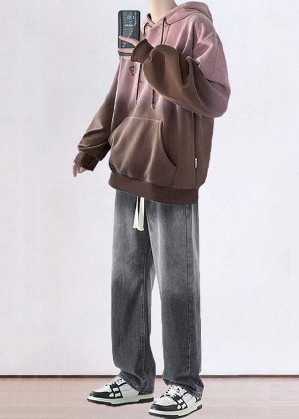 Chic Blue Gradient Color Hooded Sweatshirts And Denim Pants Mens Two Pieces Set Fall - Image 3
