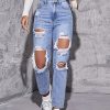 Chic Blue Hole Pockets High Waist Denim Crop Pants Summer