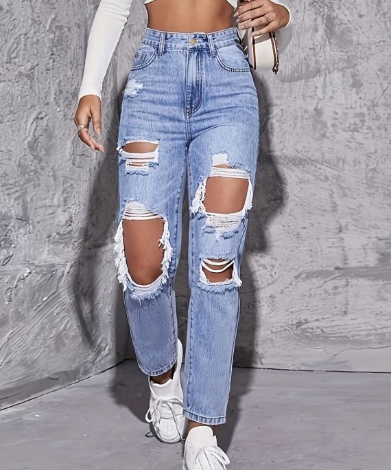 Chic Blue Hole Pockets High Waist Denim Crop Pants Summer