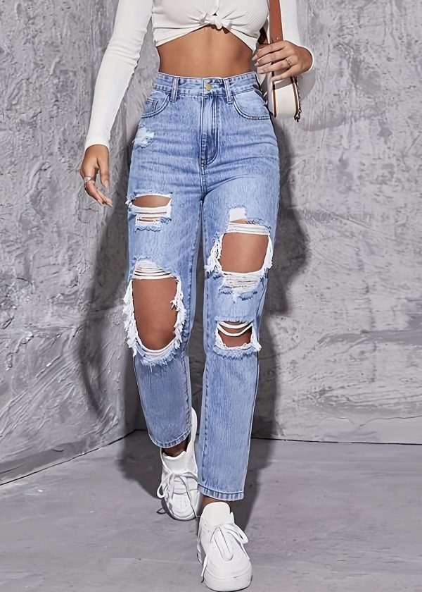Chic Blue Hole Pockets High Waist Denim Crop Pants Summer