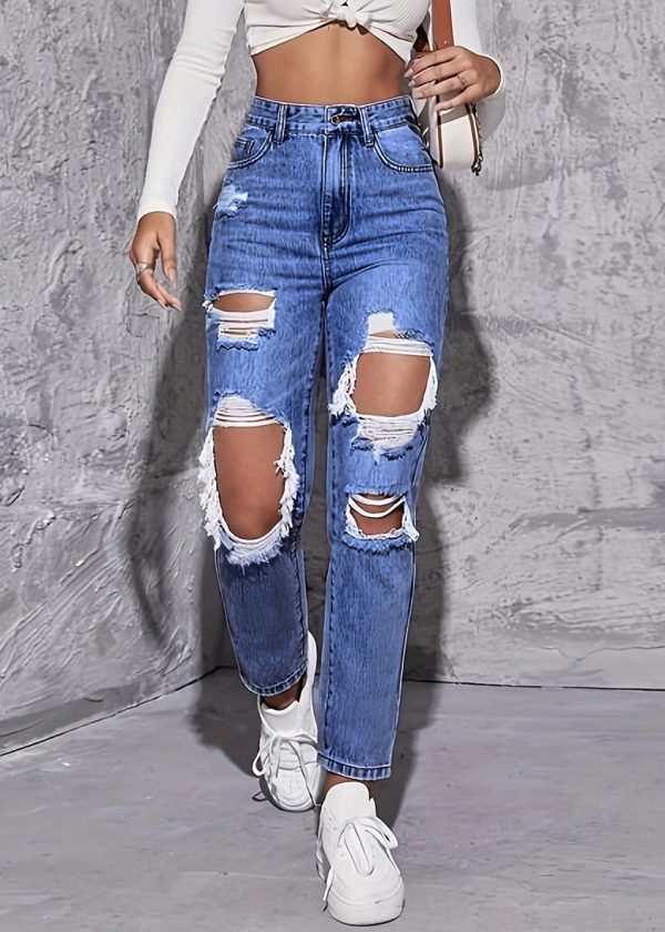 Chic Blue Hole Pockets High Waist Denim Crop Pants Summer - Image 2