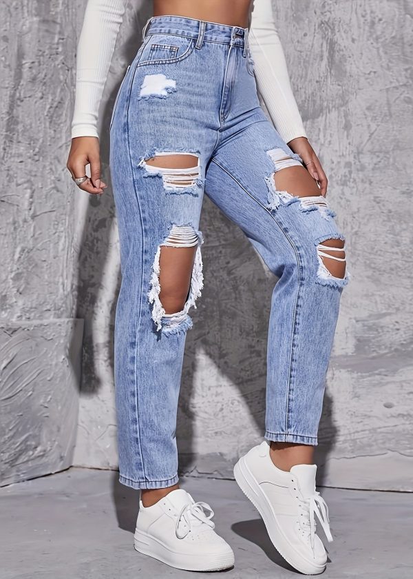 Chic Blue Hole Pockets High Waist Denim Crop Pants Summer - Image 4