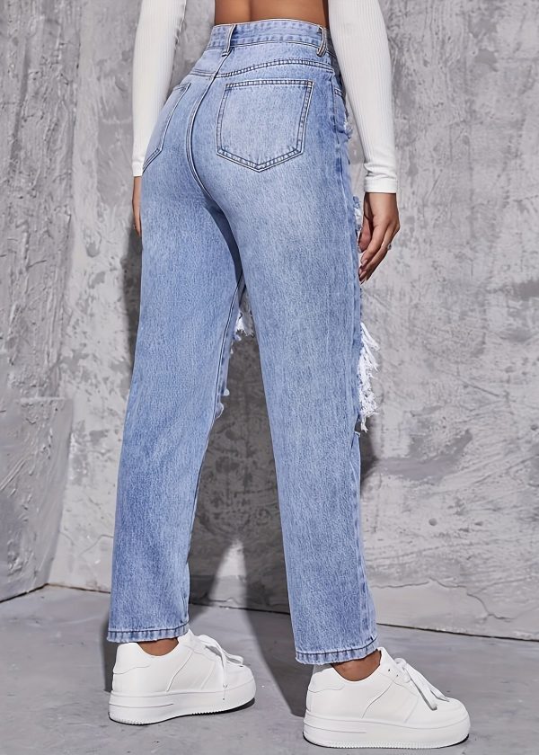 Chic Blue Hole Pockets High Waist Denim Crop Pants Summer - Image 5