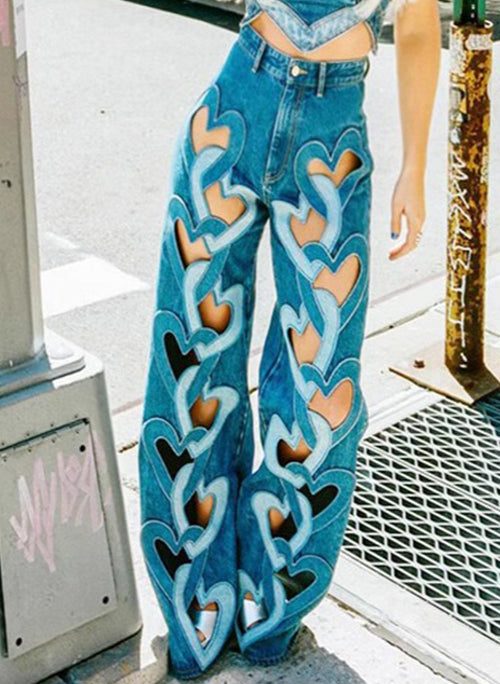 Chic Blue Hollow Out High Waist Denim Pants Spring