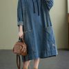 Chic Blue Hooded drawstring denim Dress Spring