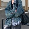 Chic Blue Plaid Pockets Patchwork Denim Mens Coats Spring