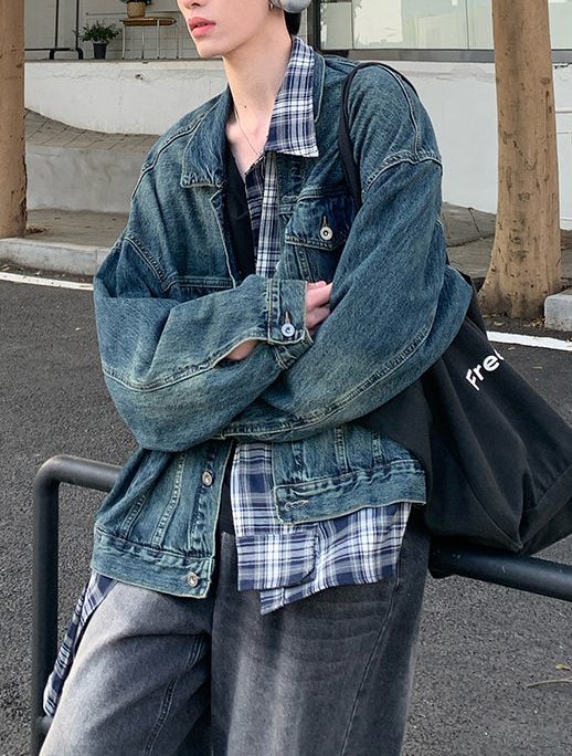 Chic Blue Plaid Pockets Patchwork Denim Mens Coats Spring