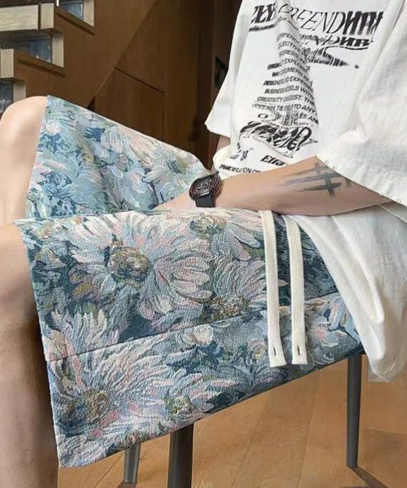Chic Blue Print Pockets Cotton Mens Shorts Summer