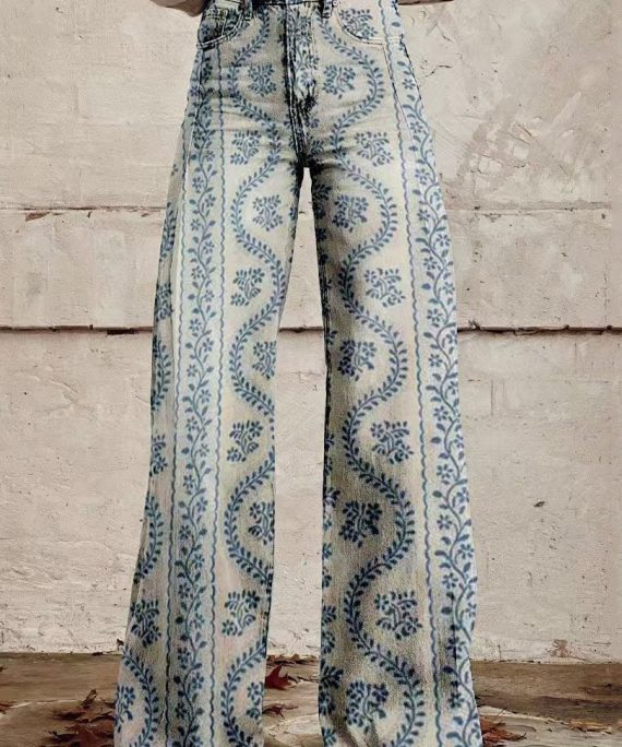 Chic Blue Print Pockets Denim Wide Leg Pants Spring