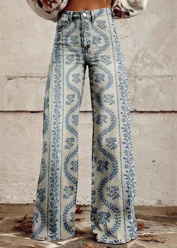 Chic Blue Print Pockets Denim Wide Leg Pants Spring