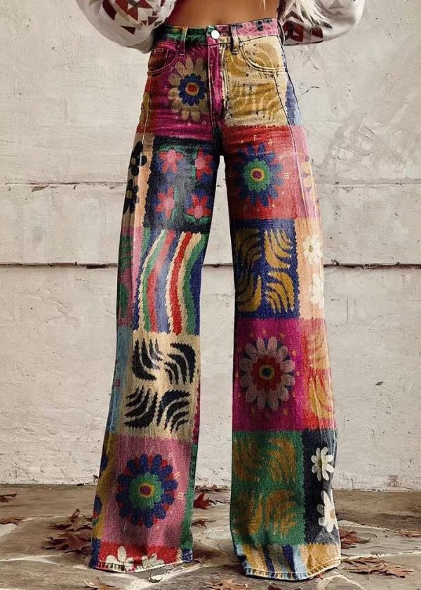 Chic Blue Print Pockets Denim Wide Leg Pants Spring - Image 2