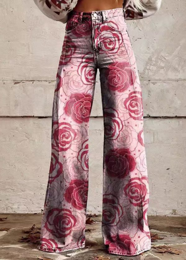 Chic Blue Print Pockets Denim Wide Leg Pants Spring - Image 4
