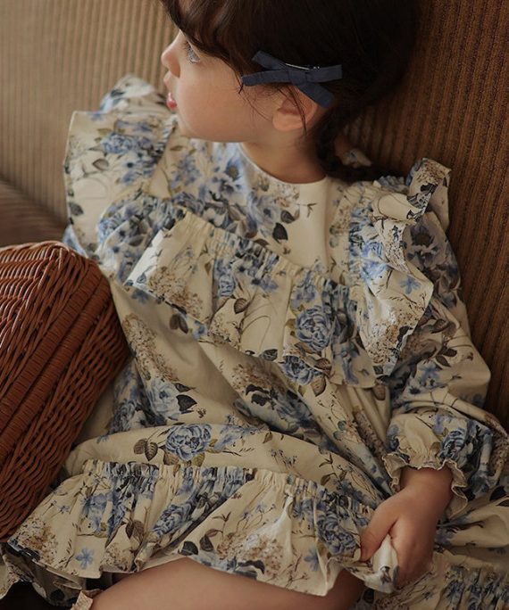 Chic Blue Ruffled Patchwork Kids Vacation Long Dresses Fall