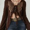 Chic Brown Butterfly Lace Up Patchwork Knitting Cotton Cardigan Spring