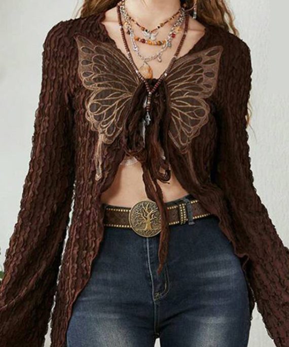 Chic Brown Butterfly Lace Up Patchwork Knitting Cotton Cardigan Spring