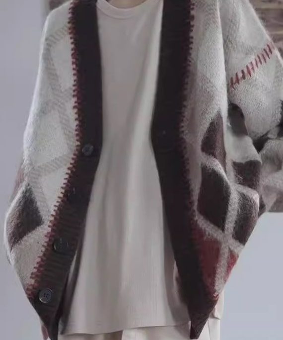 Chic Brown Plaid Button Knit Men Cardigan Spring