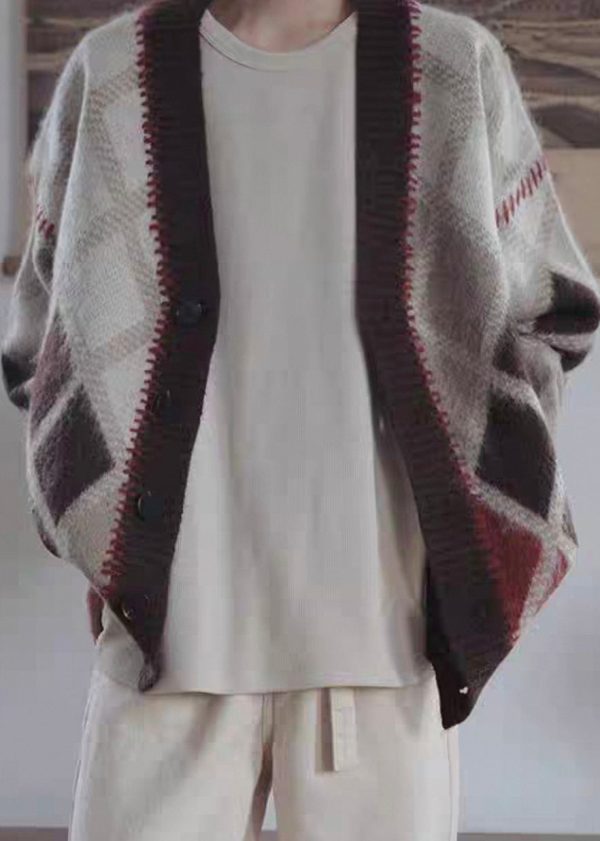 Chic Brown Plaid Button Knit Men Cardigan Spring - Image 3