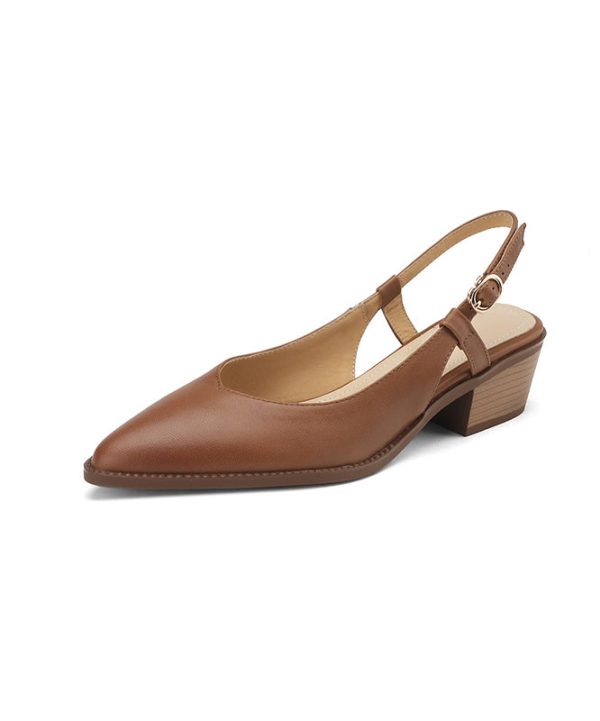 Chic Chunky Sandals Brown Cowhide Leather Pointed Toe - Image 5