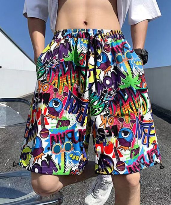Chic Colorblock Print Pockets Cotton Summer Men Beach Shorts