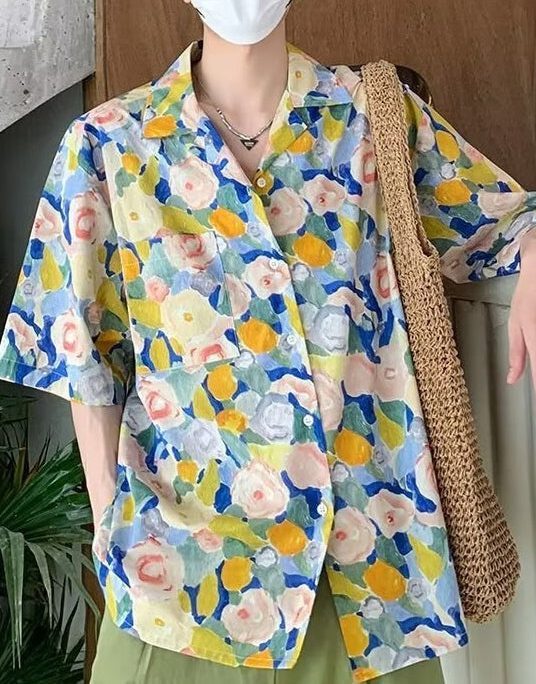 Chic Floral Button Cotton Men Shirts Peter Pan Collar Summer