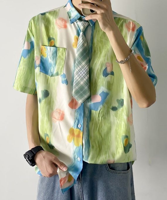 Chic Green Peter Pan Collar Print Pockets Cotton Shirts Mens Summer