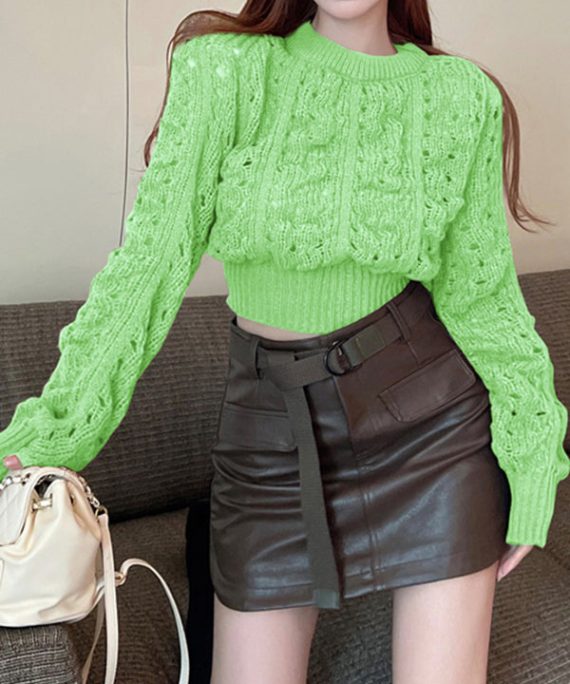 Chic Green Puff Sleeve Hollow Out Knit Short Sweater Spring
